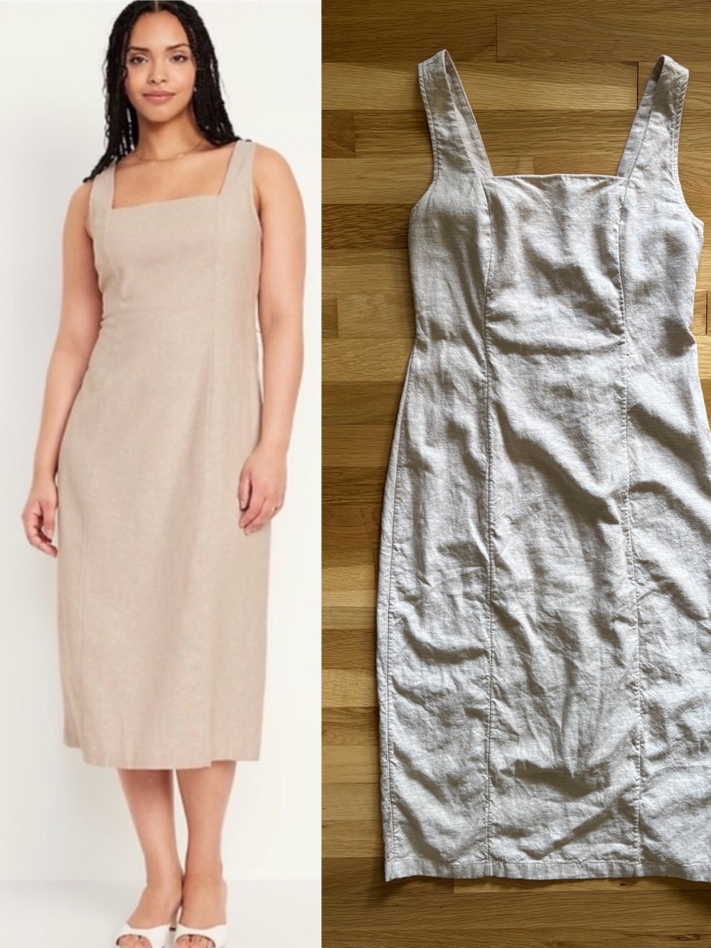 Beige Square Neck Linen Blend Midi Dress - Natural Fibers - Medium